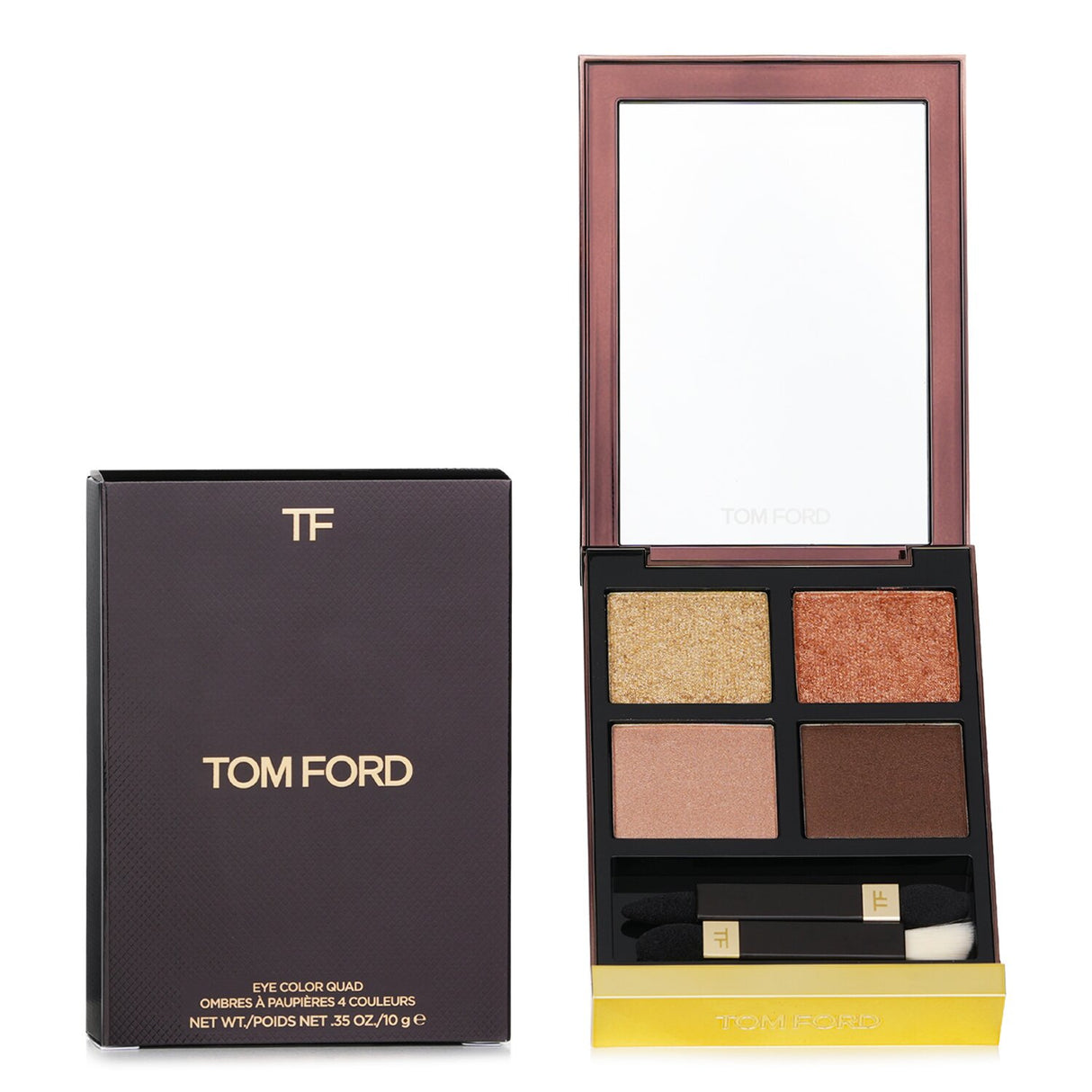 Tom Ford Eye Color Quad #01 Golden Mink featuring four luxurious shades in a mirrored compact with custom applicators.