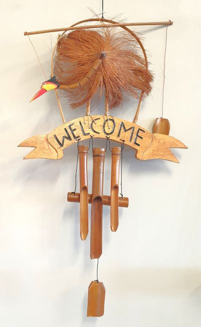 "Elegant 'Welcome' Bird Bamboo Wind Chimes, 30x12x12cm, eco-friendly, soothing sounds, and charming garden decor."