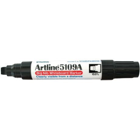 Pack of 6 Artline 5109a Black Whiteboard Markers with 10mm chisel nibs for bold, clear writing on dry erase surfaces.