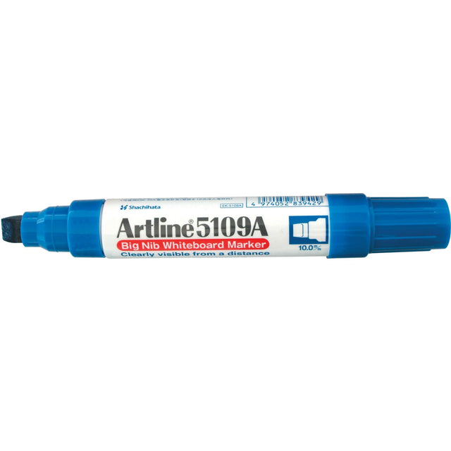 Set of 6 Artline 5109a blue markers with 10mm chisel nibs for bold, vibrant writing on whiteboards, low-odour and xylene-free.