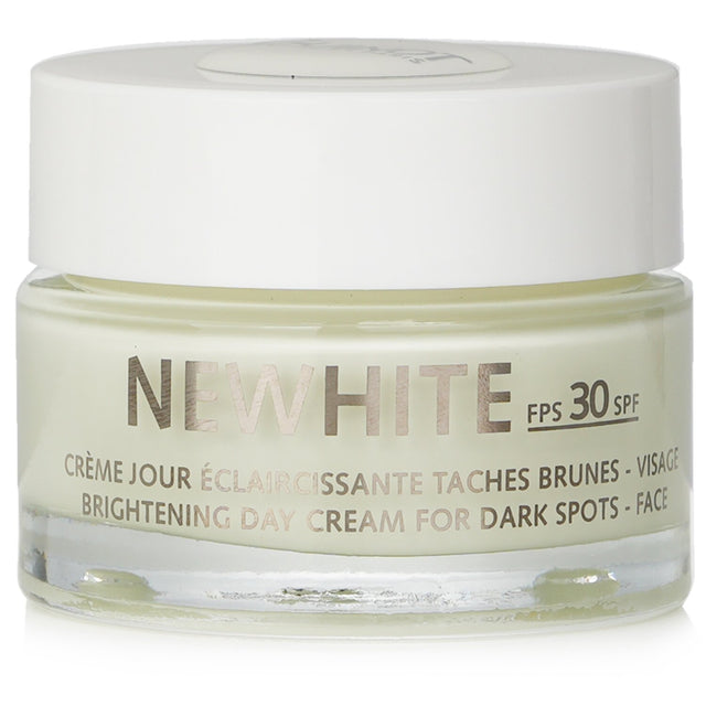 Guinot Newhite Brightening Day Cream SPF 30 in 50ml, enhances radiance and reduces dark spots while protecting from UV rays.