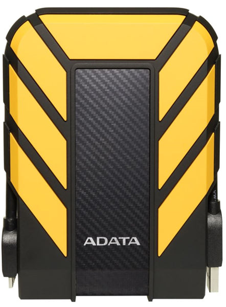 Yellow ADATA HD710 Pro 1TB external HDD, rugged, waterproof, and shockproof, perfect for outdoor data storage.