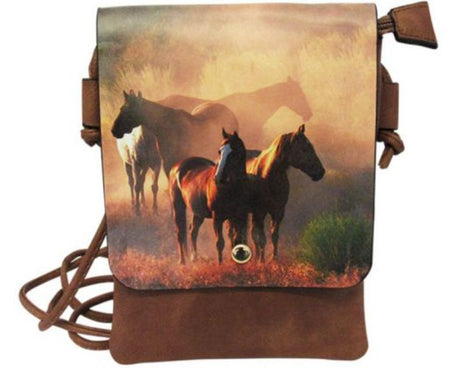 Stylish leather-look PU shoulder bag featuring a horse design, zip-top compartment, and back pocket for organization.