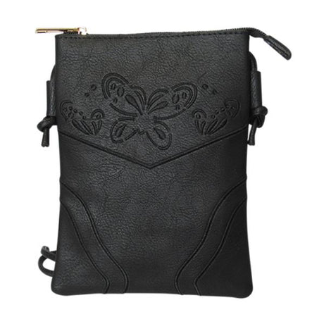 Stylish black shoulder bag with butterfly design, zip top, and adjustable strap; perfect for everyday essentials.