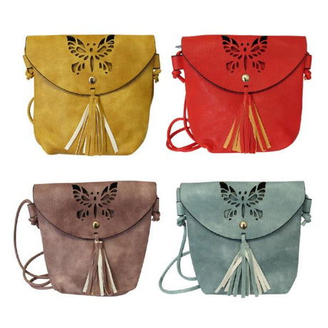Stylish set of four soft PU shoulder bags with cut-out butterfly design, tassel accent, and spacious zippered main compartment.