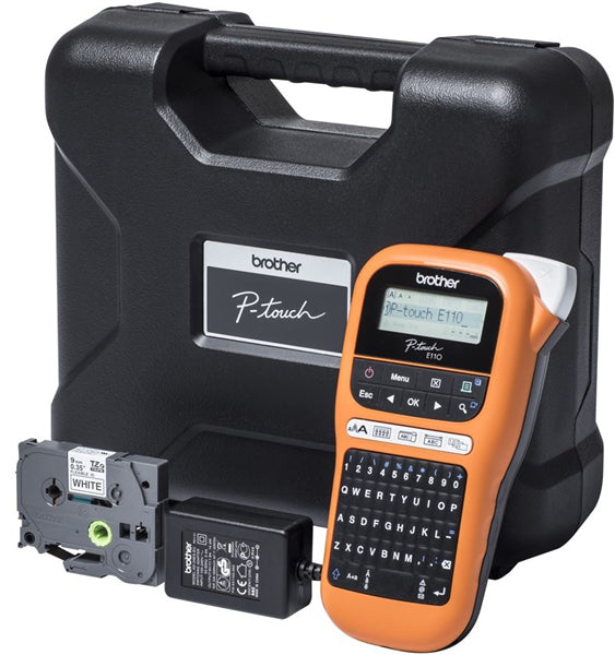 Brother PTE110VP Industrial Label Maker: Compact device for high-quality, durable labels; features manual cutter and carrying case.