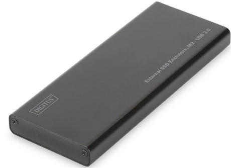 Digitus M.2 SSD enclosure in slim aluminum design for fast USB 3.0 data transfer and broad compatibility with M.2 modules.