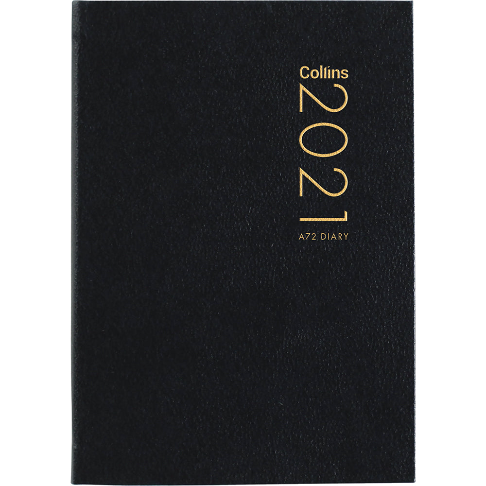 Collins Diary A72 in black, compact 105x74mm, features 2 days per page for efficient organization and a durable book cloth cover.