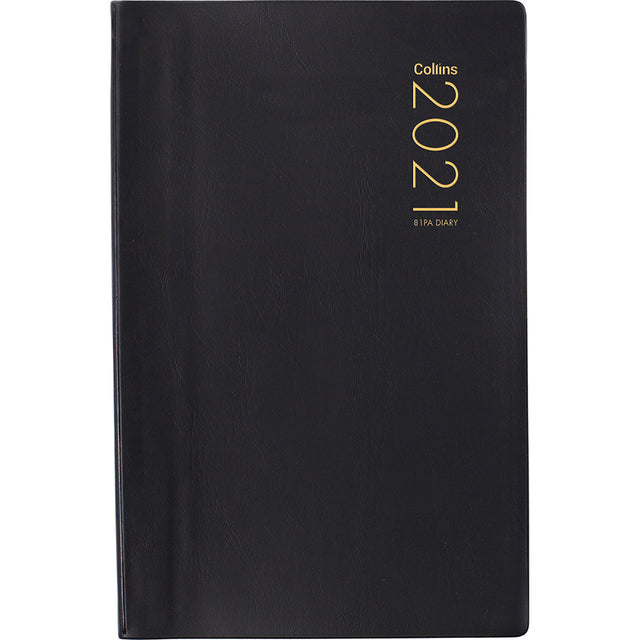 Collins Diary 81PA Black Odd Year: sleek, 195x125mm, day-per-page layout, PVC cover, and daily quotes for effective organization.