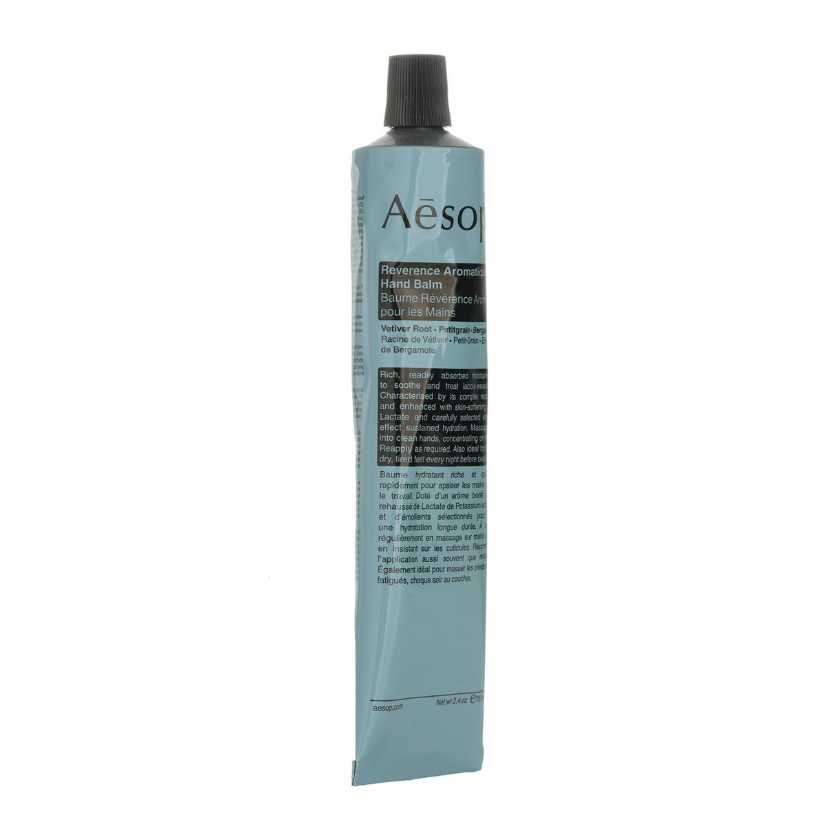 Aesop Reverence Aromatique Hand Balm in a 75ml tube, offering rich hydration with a creamy texture and fresh citrus fragrance.