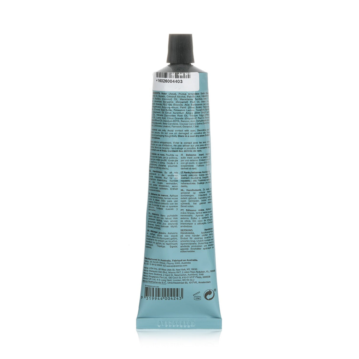 Aesop's Reverence Aromatique Hand Balm in a 75ml tube, offering rich hydration with a creamy texture and fresh citrus fragrance.