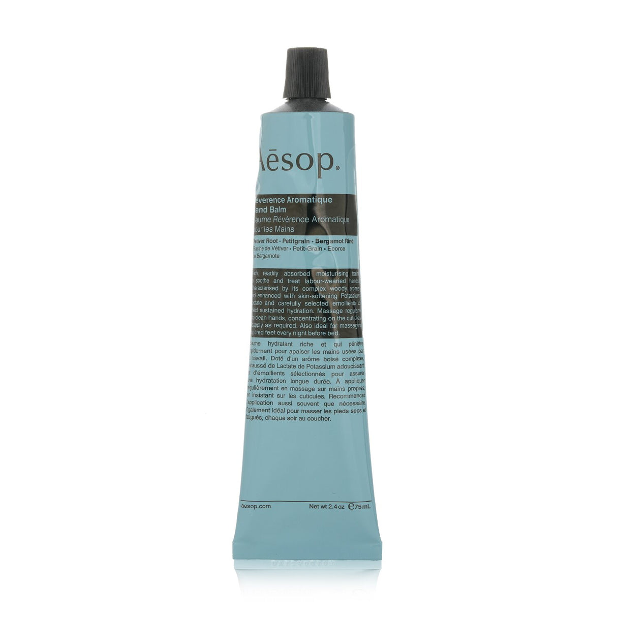 Aesop Reverence Aromatique Hand Balm in a 75ml tube, offering rich hydration with a non-greasy creamy texture and fresh fragrance.