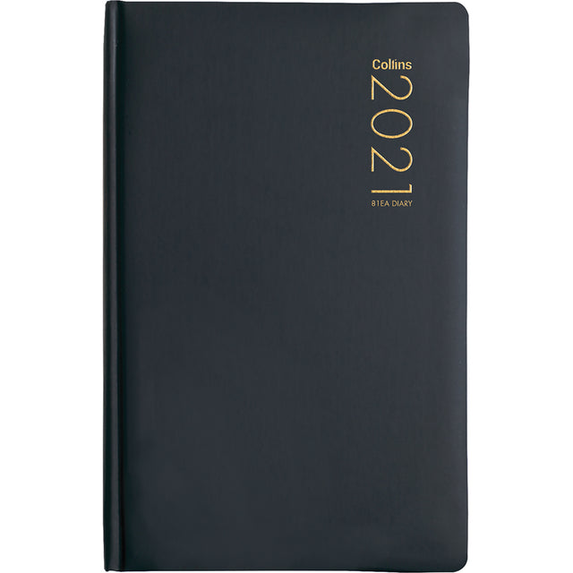 Collins Diary 81EA in black, featuring daily quotes, ribbon marker, and spacious layout for effective planning.