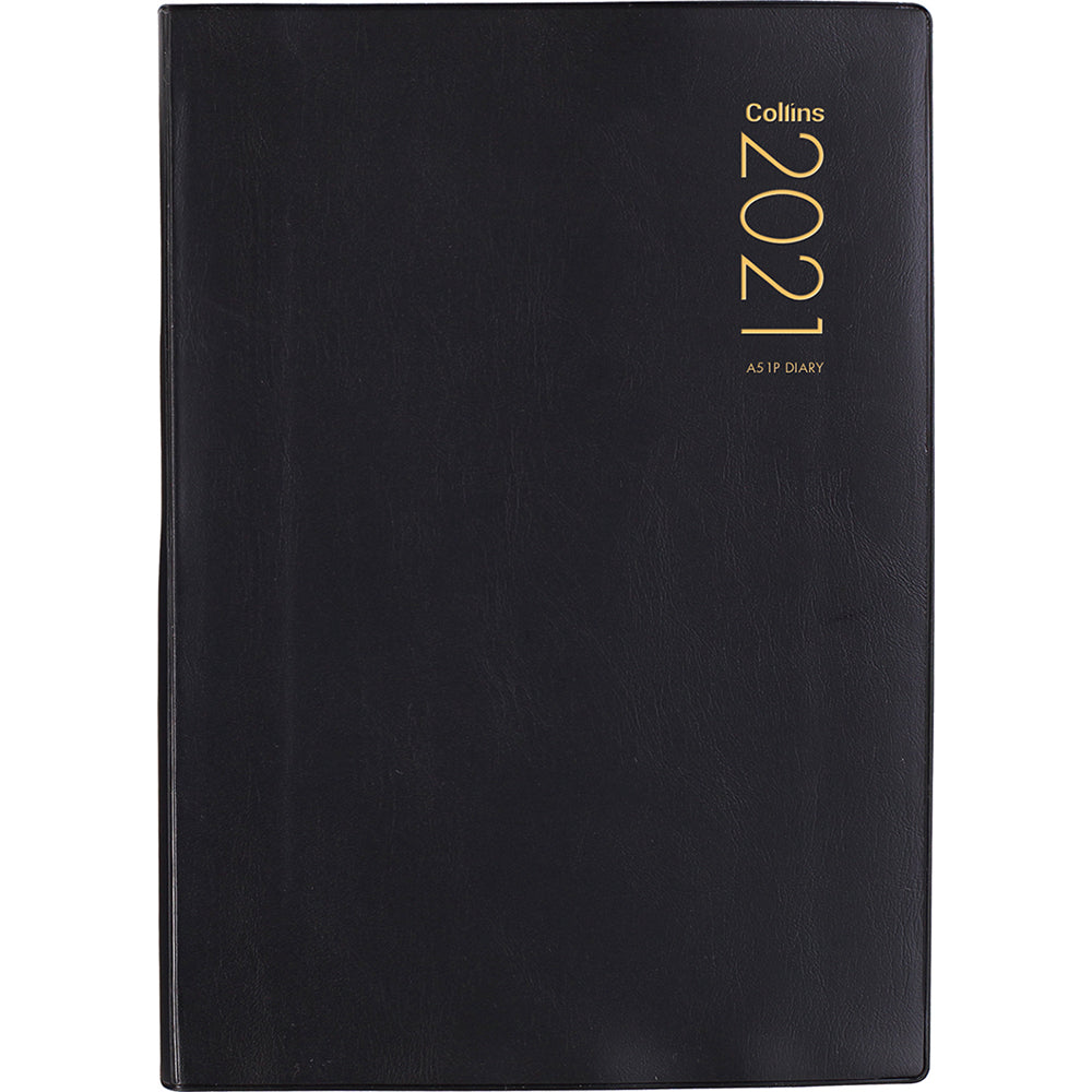 Collins Diary A51p in black with A5 portrait layout, one day per page, durable cover, and ribbon marker for easy navigation.