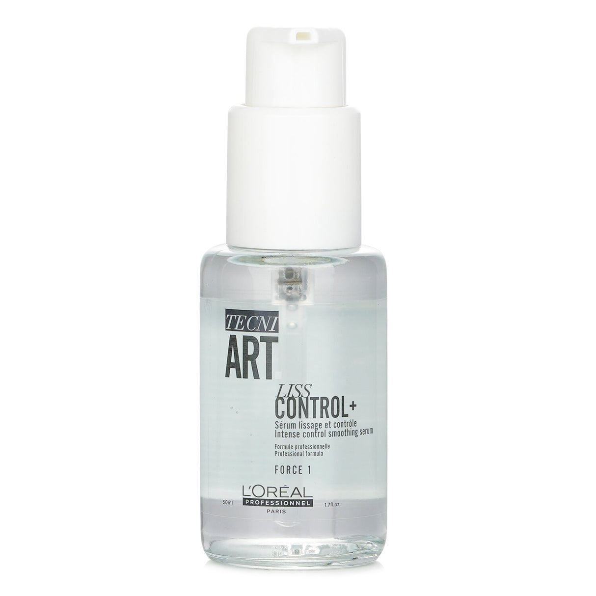 L'Oreal Tecni.Art Liss Control Plus Smoothing Serum 50ml for frizz control, shine, and 24-hour anti-humidity protection.