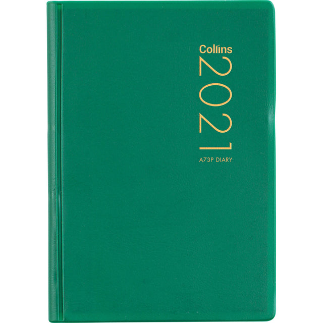 Collins Diary A73p Green Odd Year, a compact, stylish planner featuring a 1-week layout and durable PVC cover.