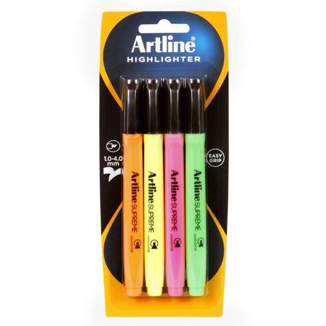 Artline Supreme Highlighter 4pk in Yellow, Pink, Orange, and Green with ergonomic design and vibrant, long-lasting ink.