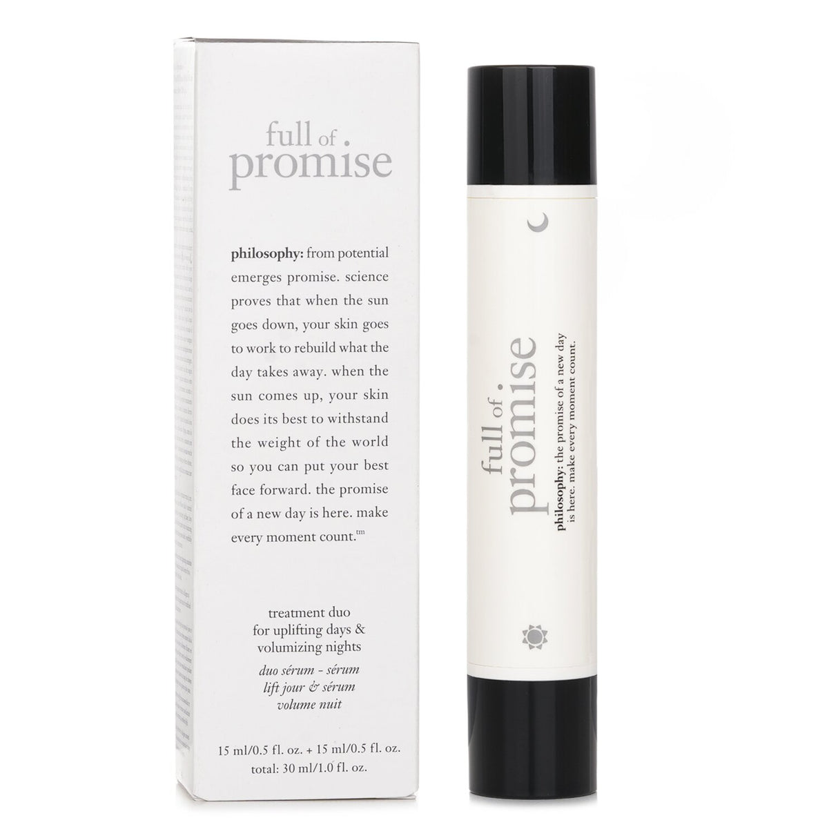 Philosophy Full Of Promise Treatment Duo includes a daytime serum and nighttime treatment for firm, youthful skin.