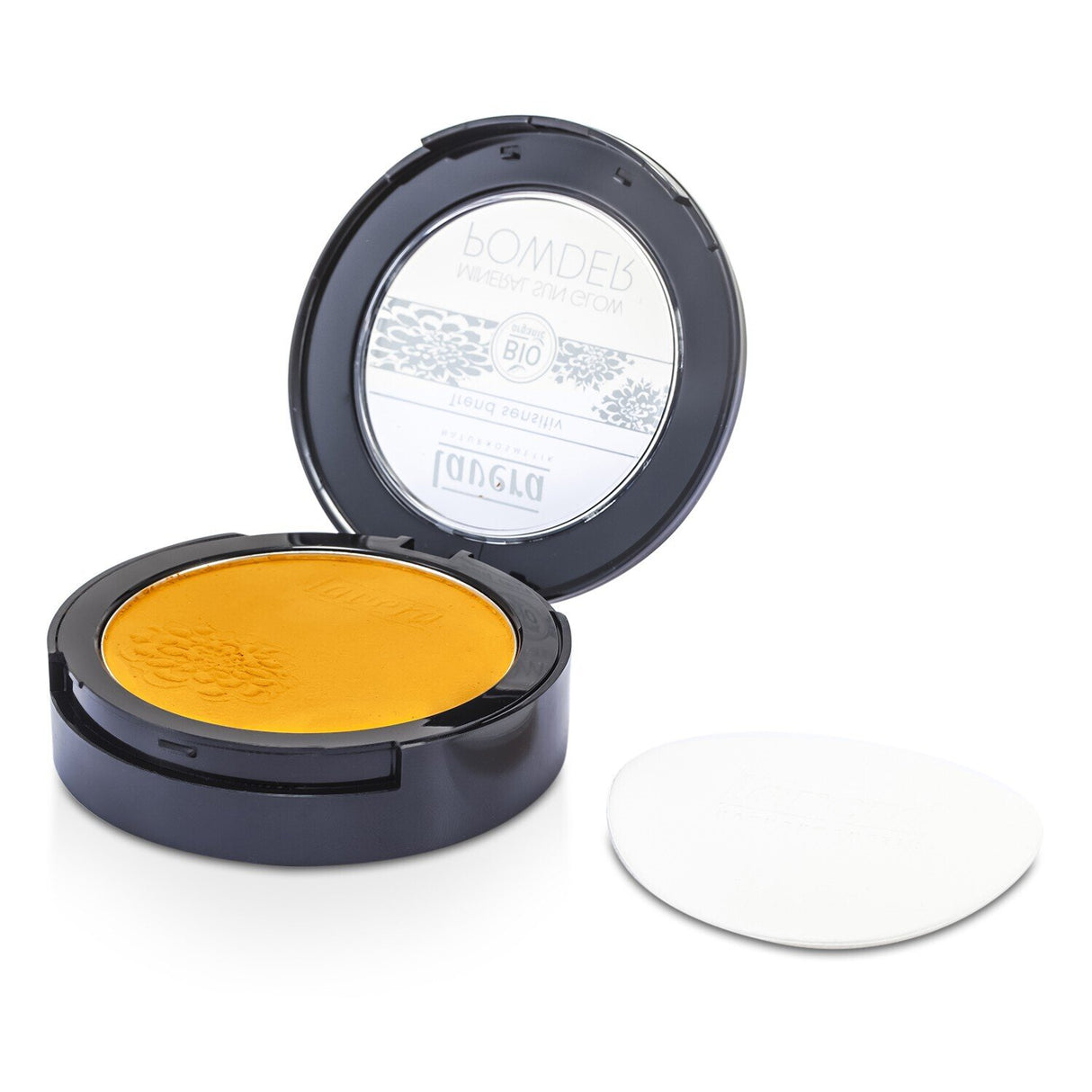 Organic bronzing powder in shade #03 Sun Touched, enhances cheeks with a sun-kissed glow and shimmering metallic finish.