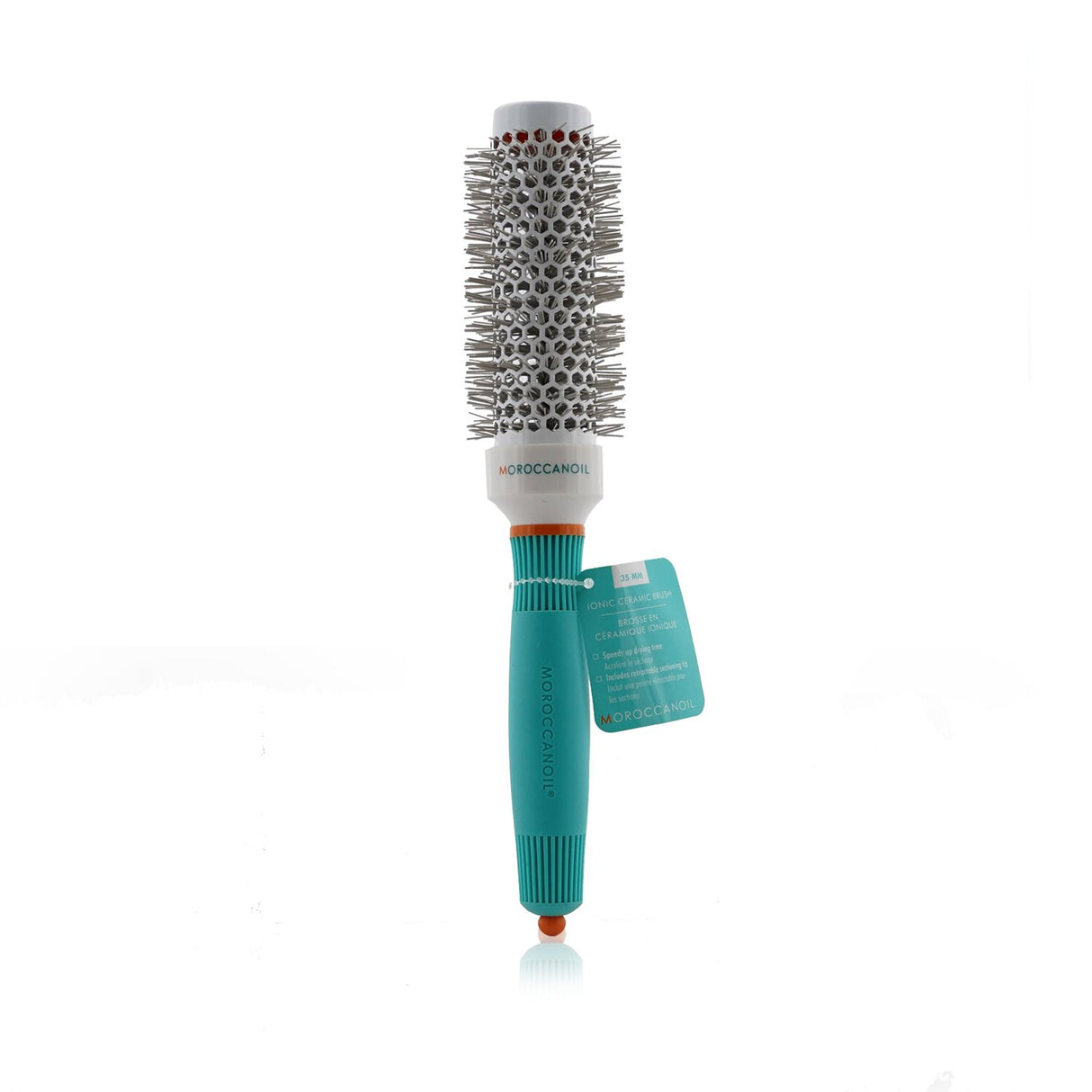 Moroccanoil 35mm round brush with ionic bristles for conditioning hair, reducing drying time, and creating curls or waves.