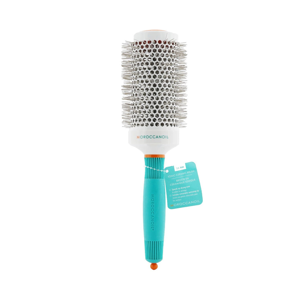 Moroccanoil 55mm round brush with ionic bristles for conditioning, reduces drying time, and creates voluminous curls.