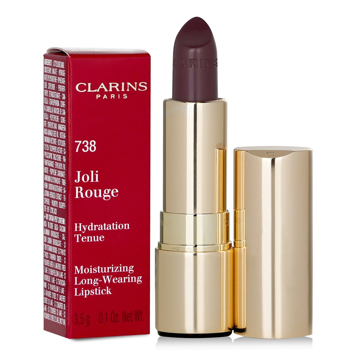 Luxurious Clarins Joli Rouge lipstick in #738 Royal Plum, offering vibrant color, intense moisture, and a fruity fragrance.