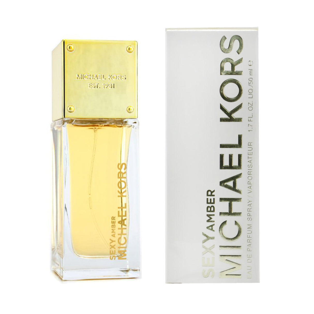 Michael Kors Sexy Amber Eau De Parfum Spray in a 50ml bottle, featuring a warm, woody floral scent with amber and jasmine notes.