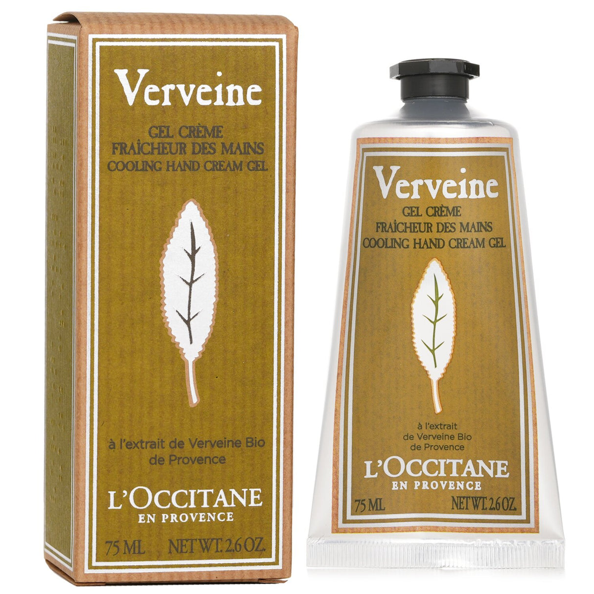 L'Occitane Verveine Cooling Hand Cream Gel in 75ml with a refreshing gel texture for hydrated, soothed hands and a pleasant scent.