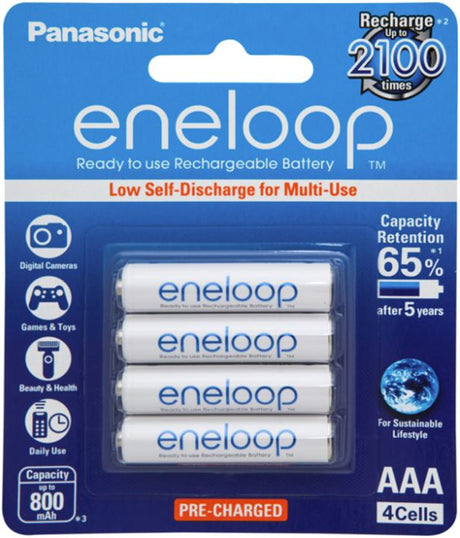 4 pack of Panasonic Eneloop AAA 800mAh rechargeable batteries, designed for long-lasting performance and eco-friendliness.