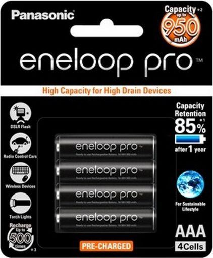 Panasonic Eneloop PRO AAA rechargeable batteries 950mAh, ideal for high-drain devices, eco-friendly with 500 recharge cycles.