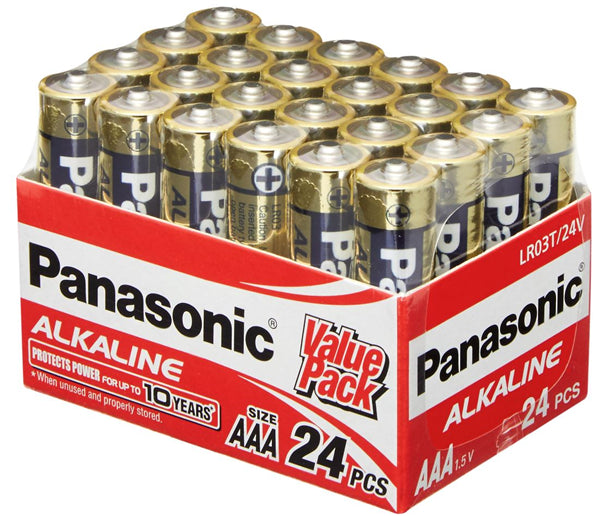 Pack of 24 Panasonic AAA Alkaline Batteries, ideal for reliable power in remote controls, cameras, and more.