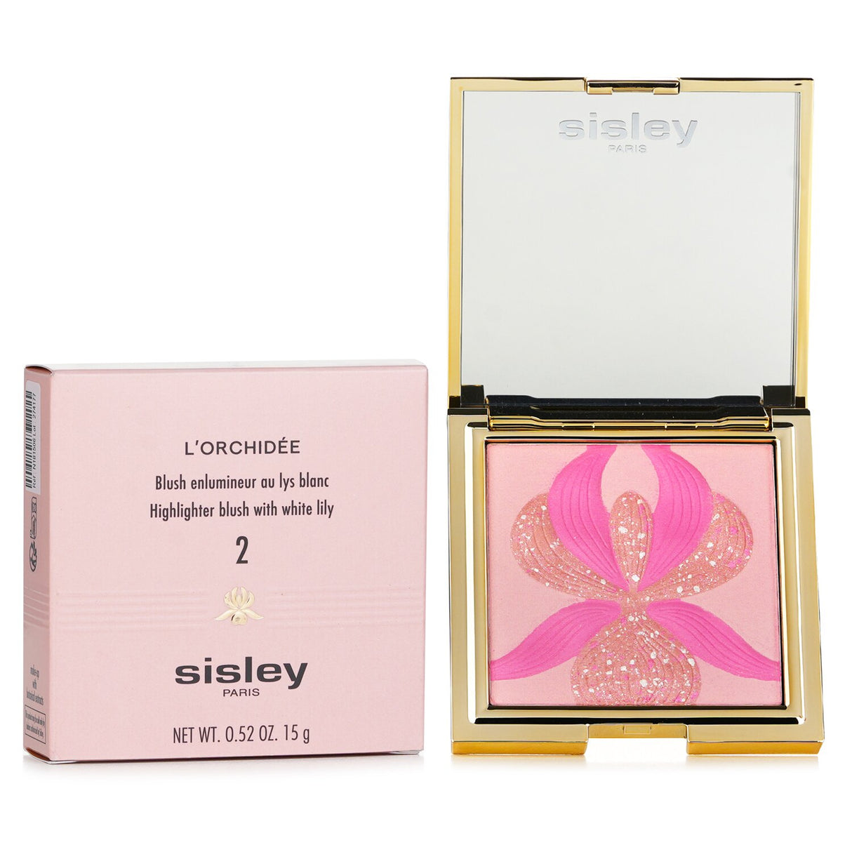 Sisley L'Orchidee Highlighter Blush in Rose 181506, 15g, featuring three pink-peach shades for a radiant, sculpted glow.