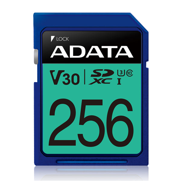 ADATA Premier Pro 256GB SDXC Card with UHS-I U3 V30 ratings, offering up to 100MB/s read and 80MB/s write speeds.