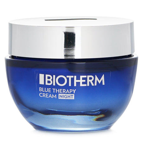 Biotherm Blue Therapy Night Cream in a 50ml jar, designed to rejuvenate skin and combat aging overnight for all skin types.