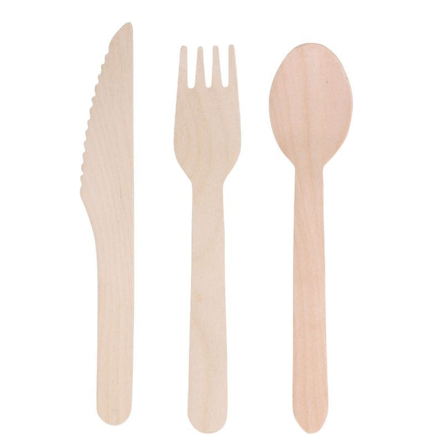 Eco-friendly Avanti Birch Party Pack with 18 pieces: 6 knives, spoons, and forks made from sustainable birch wood.