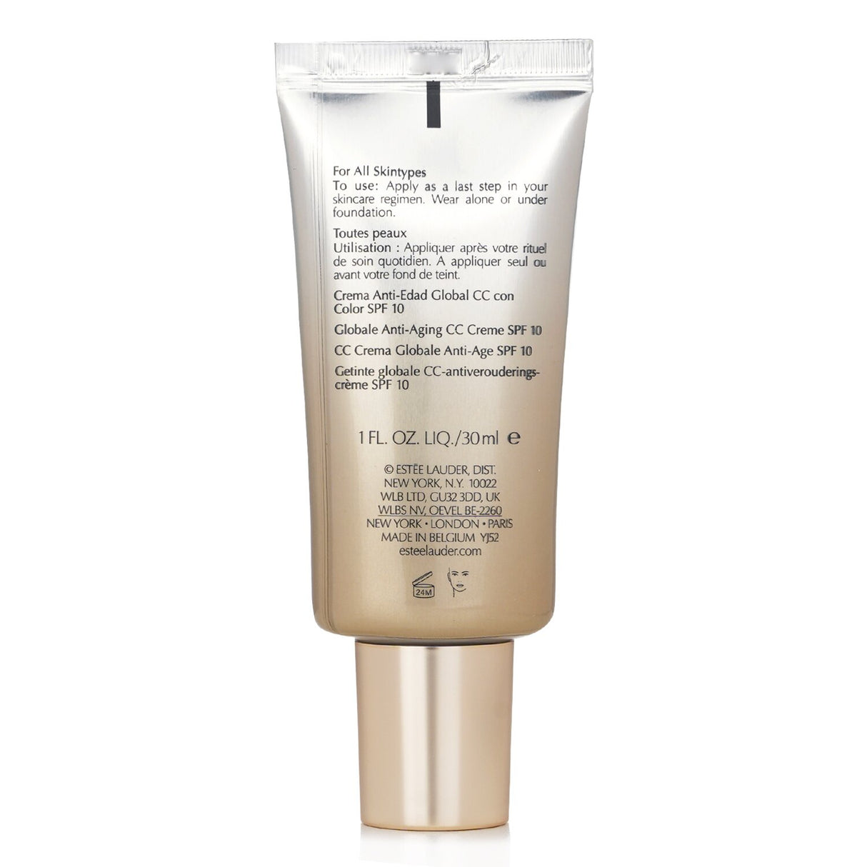 Hydrating anti-aging CC cream with SPF 10, adapts to skin tone for a radiant complexion, perfect for daily use.