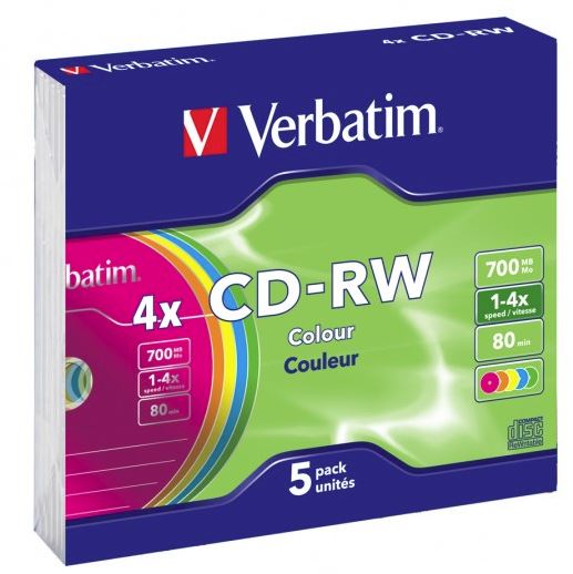 Multi-colour Verbatim CD-RW 700MB discs (5-pack) in slim cases, perfect for durable data storage and archiving.