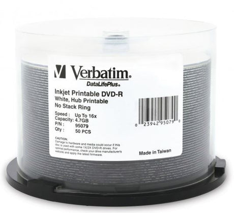 Verbatim 50-pack DVD-Rs with 4.7GB storage, white inkjet printable surface for easy labeling and superior recording quality.