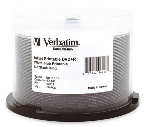 Verbatim DVD+R 4.7GB 16x discs in a 50-pack spindle, featuring wide printable surfaces for easy labeling and efficient data storage.