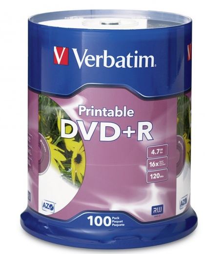 Verbatim DVD+R 4.7GB 16x White Printable 100 Pack on Spindle