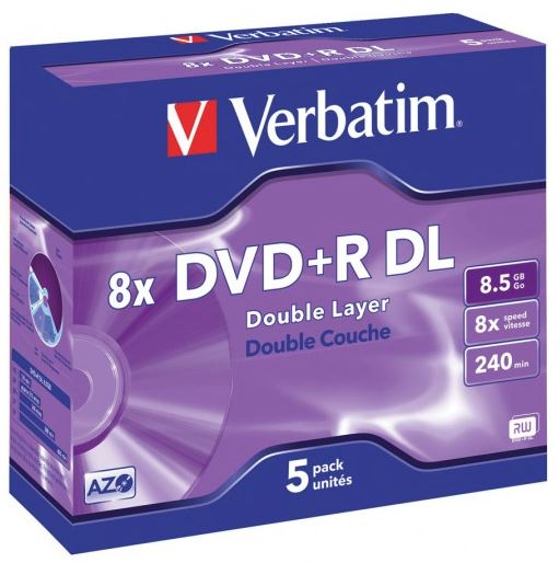 Verbatim DVD+R DL 8.5GB discs in jewel cases, perfect for archiving videos and data with 10X burning speed.