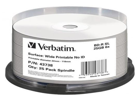 Verbatim BD-R 25GB Blu-ray discs, 6X speed, wide printable, ideal for HD data storage and backup, 25 pack on spindle.