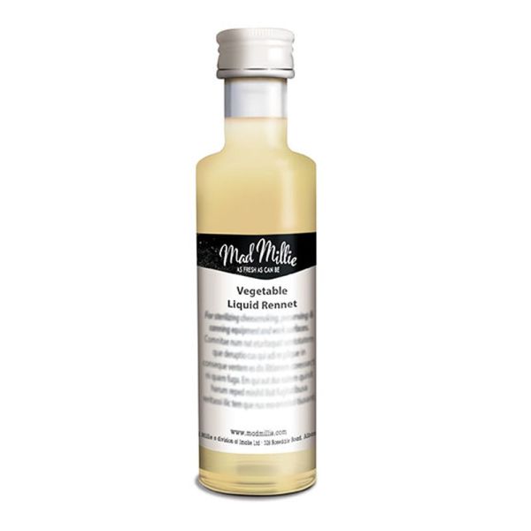 Mad Millie Vegetarian Rennet 50ml for making various cheeses, ideal for vegetarians, stored in fridge for freshness.