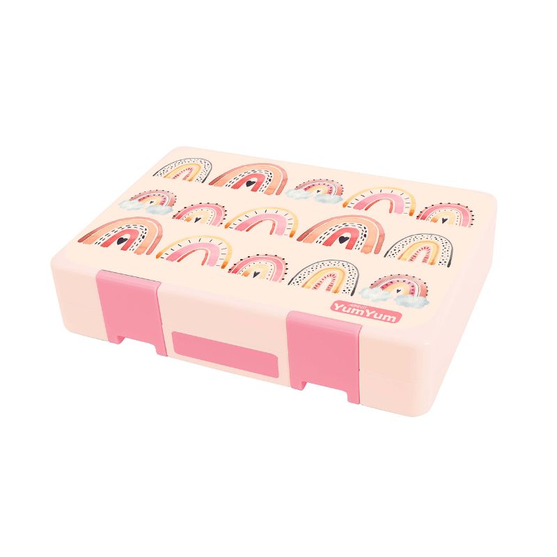 Colorful Avanti Yum Yum Bento Box with rainbow design, multiple compartments for healthy snacks, airtight, dishwasher safe.