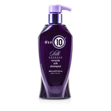 Silk-infused shampoo bottle designed for hydration and strength, promoting soft, shiny, manageable hair.