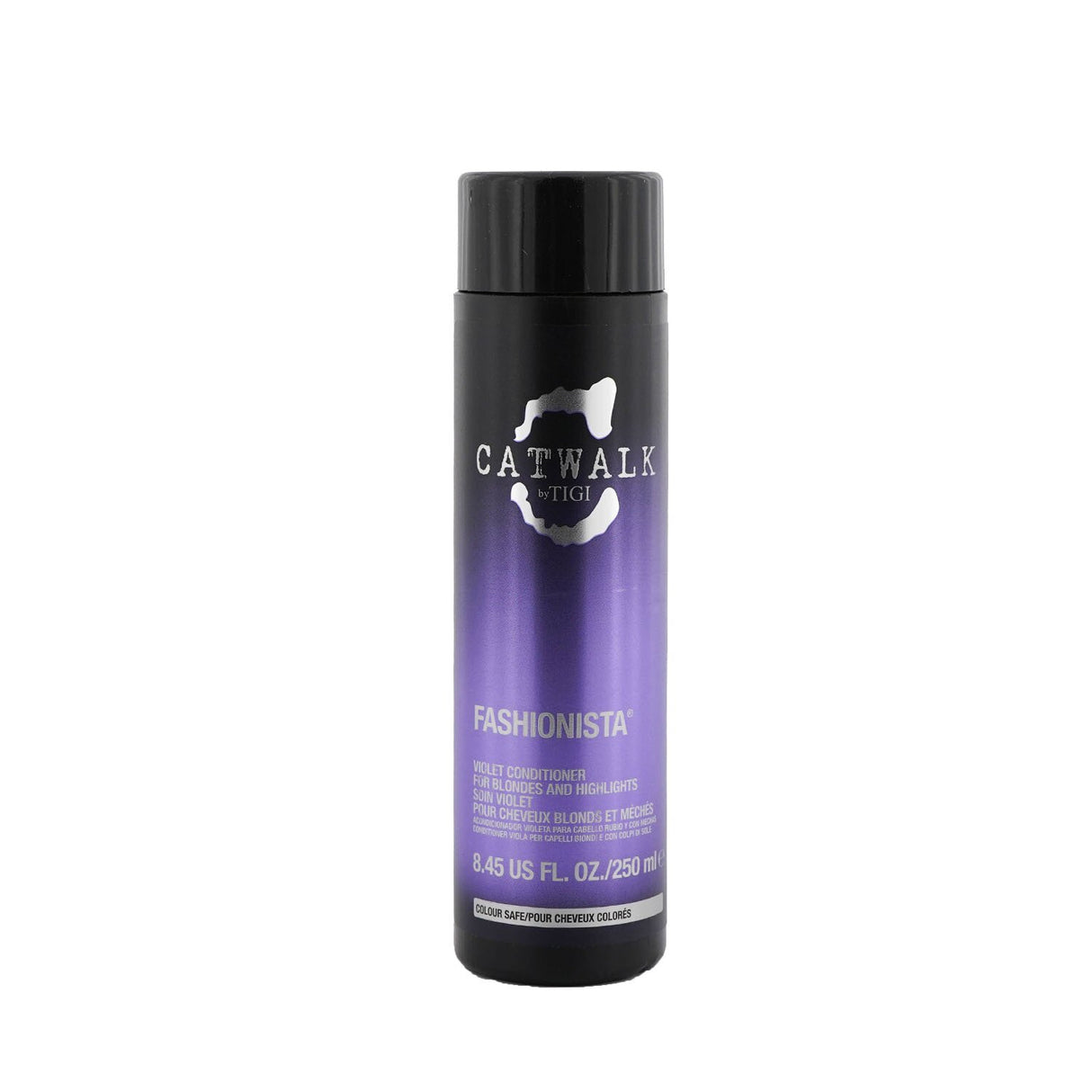 Tigi Catwalk Fashionista Violet Conditioner for blondes, enriched with Violet, Pearl Extract, and Rice Milk for vibrant shine.