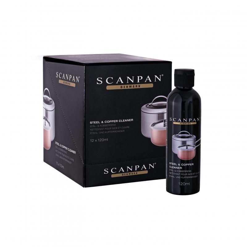 Scanpan Steel & Copper Cleaner 120ml bottle for effectively removing stains and restoring shine on cookware and utensils.