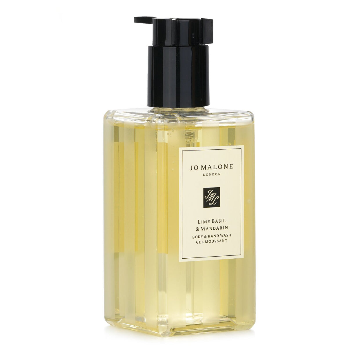 Luxurious Jo Malone Lime Basil & Mandarin Body & Hand Wash with pump, refreshing citrus scent, 250ml for soft, cleansed skin.