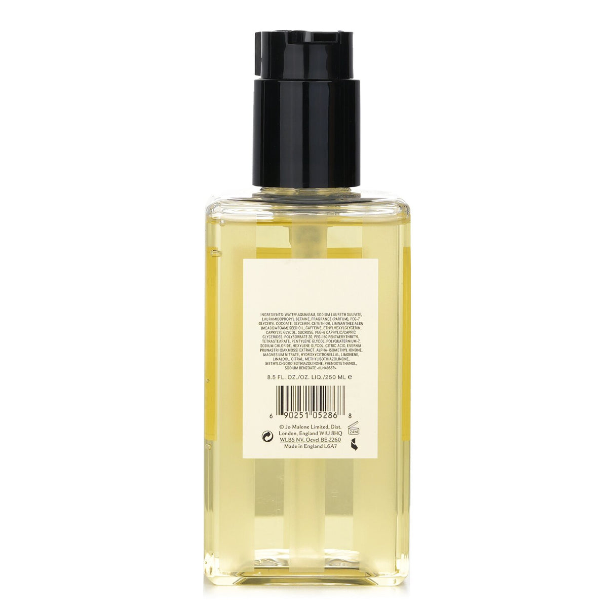 Luxurious Jo Malone Lime Basil & Mandarin body wash with pump, offering rich foam and refreshing citrus scent for all skin types.