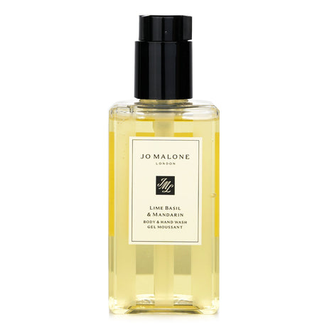 Jo Malone Lime Basil & Mandarin Body & Hand Wash in a pump bottle, 250ml, offers a refreshing citrus scent and rich cleansing foam.